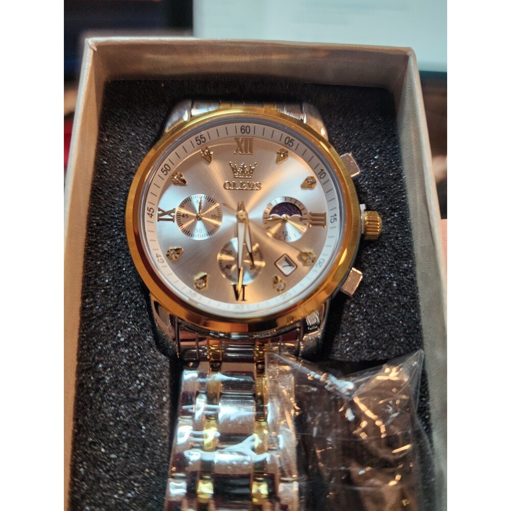 OLEVS 2858 Men's Two-Tone Silver Gold Quartz Dress Watch New - Picture 2 of 5